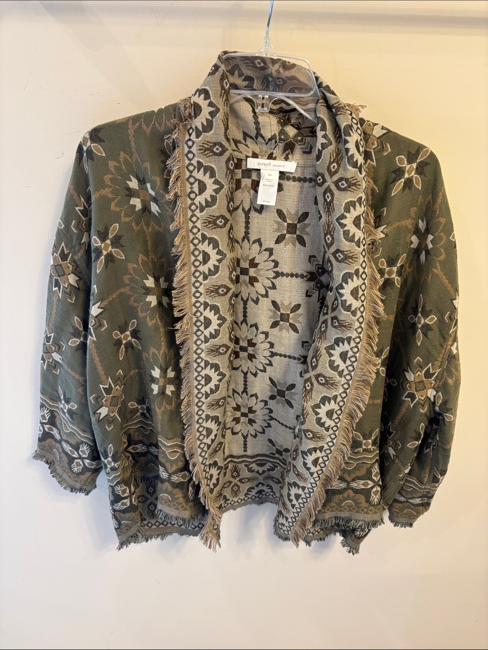 J. Jill Olive and Beige Patterned Fringe Open Jacket/Topper